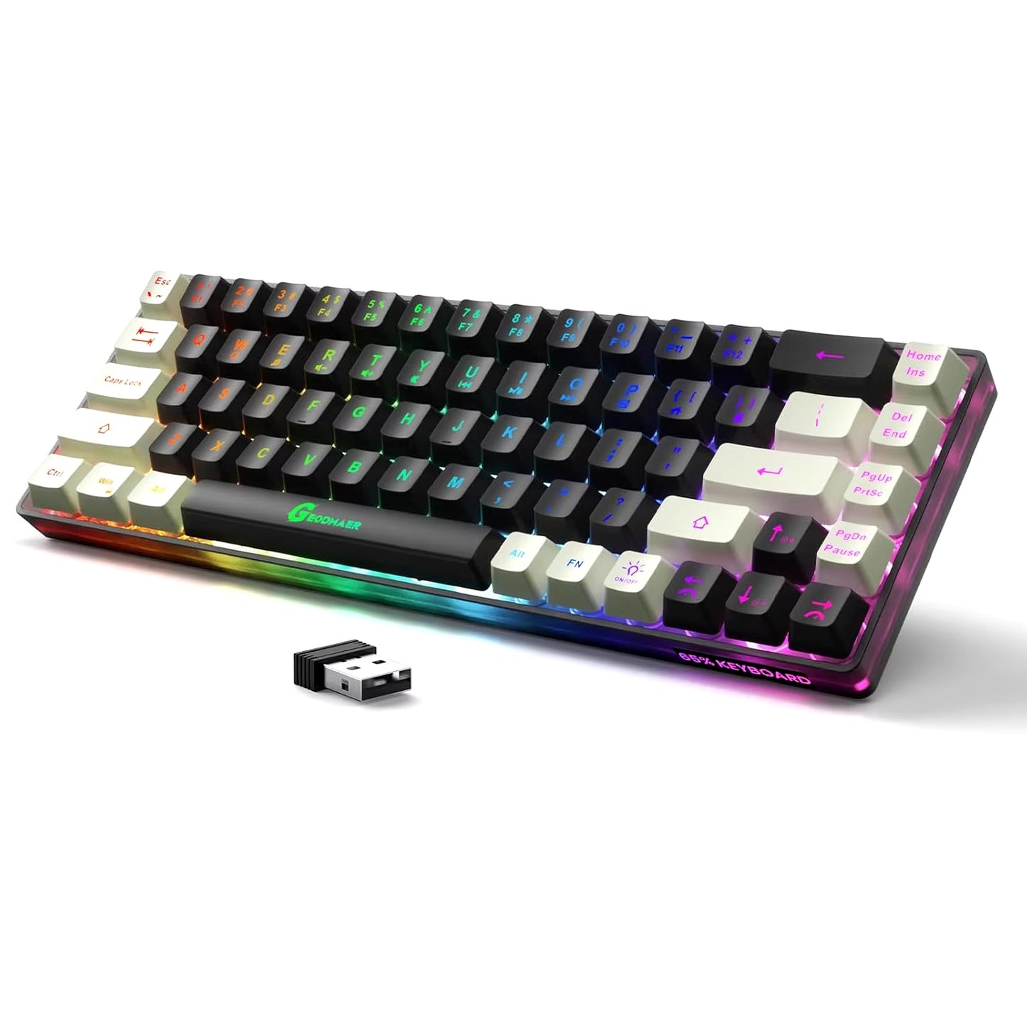 GEODMAER Wireless Gaming Keyboard Rechargeable Backlit Gaming Keyboard 68 Keys Anti-Ghosting No-Conflict 2.4G Keyboard for PC