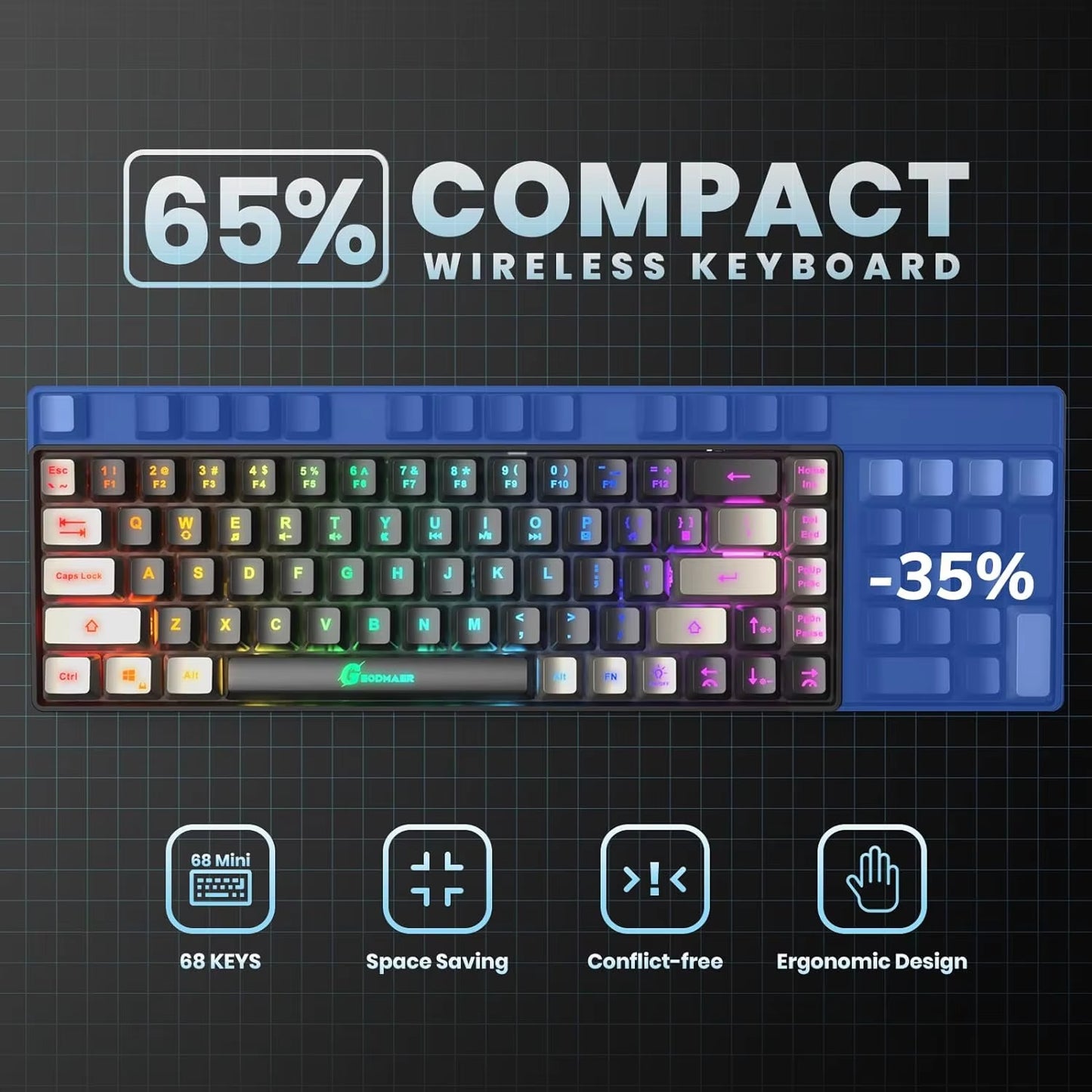 GEODMAER Wireless Gaming Keyboard Rechargeable Backlit Gaming Keyboard 68 Keys Anti-Ghosting No-Conflict 2.4G Keyboard for PC
