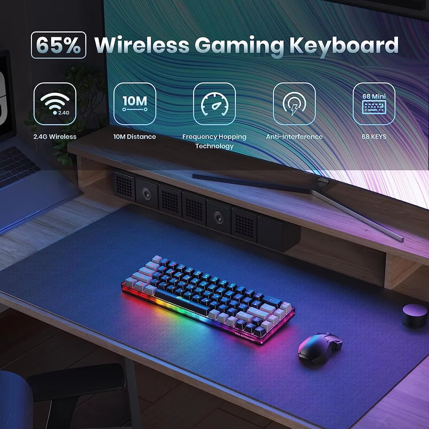 GEODMAER Wireless Gaming Keyboard Rechargeable Backlit Gaming Keyboard 68 Keys Anti-Ghosting No-Conflict 2.4G Keyboard for PC